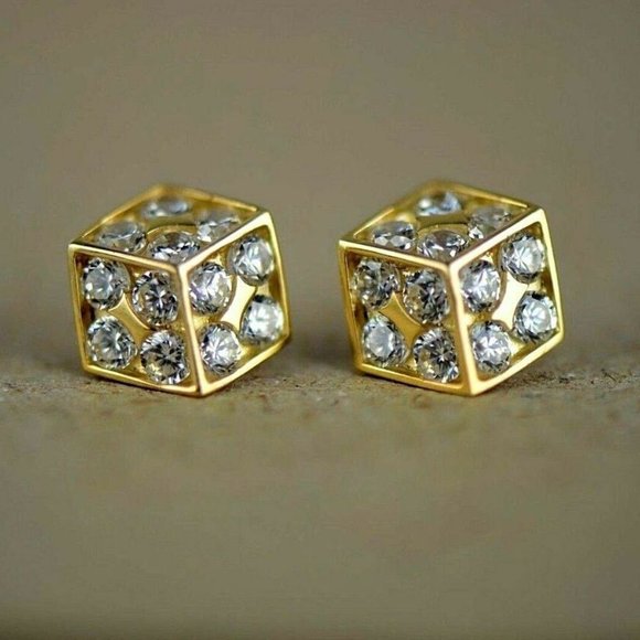 Solid 14K Gold Fancy Post Dice Stud Push Back Earrings Small 5.6 x 6.3 mm - Picture 4 of 11